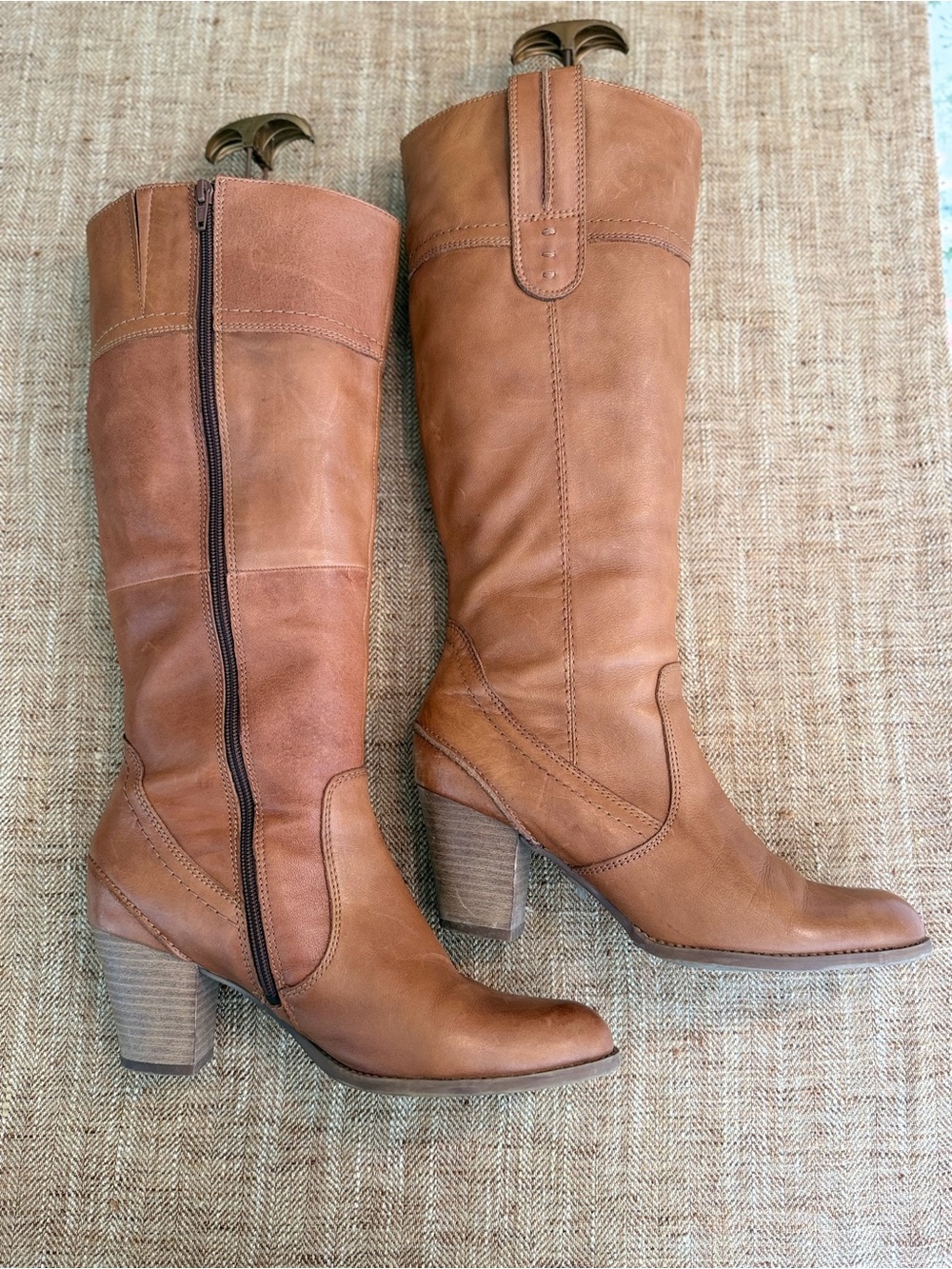 Call It Spring Cognac Leather Mid-Calf Block Heel Boots